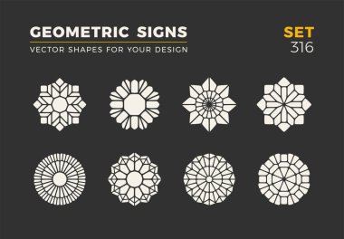 Sekiz minimalist trendy şekiller kümesi. Şık vektör logo amblem tasarımınız için. Basit evrensel geometrik işaretleri koleksiyonu.