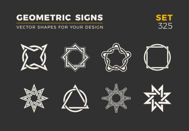 Sekiz minimalist trendy şekiller kümesi. Şık vektör logo amblem tasarımınız için. Basit evrensel geometrik işaretleri koleksiyonu.