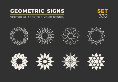 Sekiz minimalist trendy şekiller kümesi. Şık vektör logo amblem tasarımınız için. Basit evrensel geometrik işaretleri koleksiyonu.