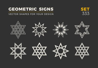 Sekiz minimalist trendy şekiller kümesi. Şık vektör logo amblem tasarımınız için. Basit evrensel geometrik işaretleri koleksiyonu.