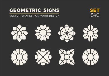 Sekiz minimalist trendy şekiller kümesi. Şık vektör logo amblem tasarımınız için. Basit evrensel geometrik işaretleri koleksiyonu.