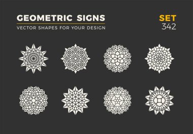 Sekiz minimalist trendy şekiller kümesi. Şık vektör logo amblem tasarımınız için. Basit evrensel geometrik işaretleri koleksiyonu.