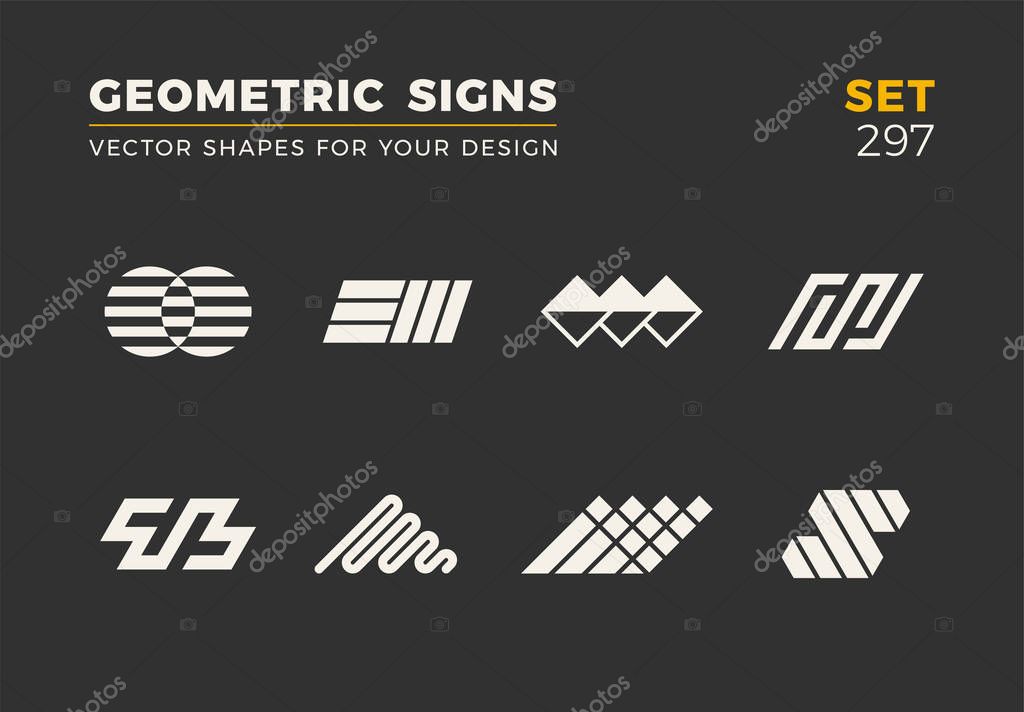 Set of eight minimalistic trendy shapes. Stylish vector logo emblems for Your design. Simple universal geometric signs collection.