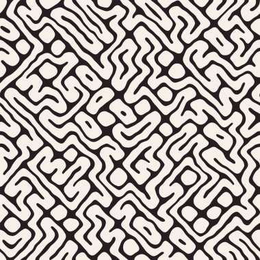 Vektör sorunsuz siyah ve beyaz düzensiz labirent desen yuvarlanır. Soyut el geometrik arka plan çekilmiş
