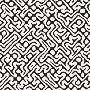 Vektör sorunsuz siyah ve beyaz düzensiz labirent desen yuvarlanır. Soyut el geometrik arka plan çekilmiş