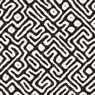 Vektör sorunsuz siyah ve beyaz düzensiz labirent desen yuvarlanır. Soyut el geometrik arka plan çekilmiş