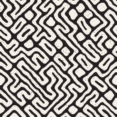 Vektör sorunsuz siyah ve beyaz düzensiz labirent desen yuvarlanır. Soyut el geometrik arka plan çekilmiş