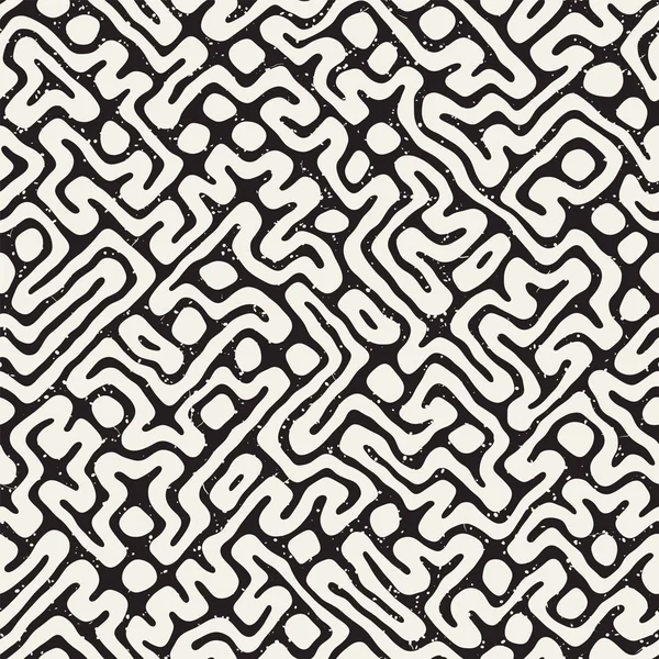 Vektör sorunsuz siyah ve beyaz düzensiz labirent desen yuvarlanır. Soyut el geometrik arka plan çekilmiş