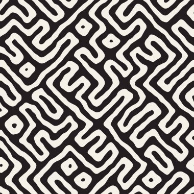 Vektör sorunsuz siyah ve beyaz düzensiz labirent desen yuvarlanır. Soyut el geometrik arka plan çekilmiş