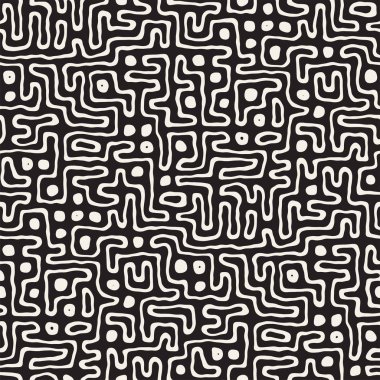 Vektör sorunsuz siyah ve beyaz düzensiz labirent desen yuvarlanır. Soyut el geometrik arka plan çekilmiş