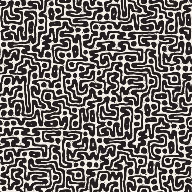 Vektör sorunsuz siyah ve beyaz düzensiz labirent desen yuvarlanır. Soyut el geometrik arka plan çekilmiş