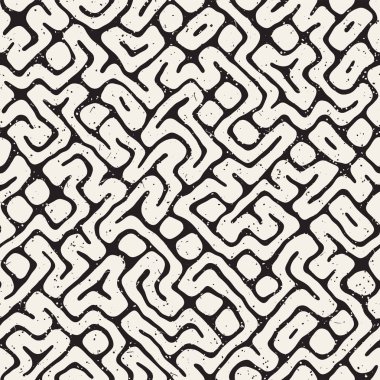 Vektör sorunsuz siyah ve beyaz düzensiz labirent desen yuvarlanır. Soyut el geometrik arka plan çekilmiş