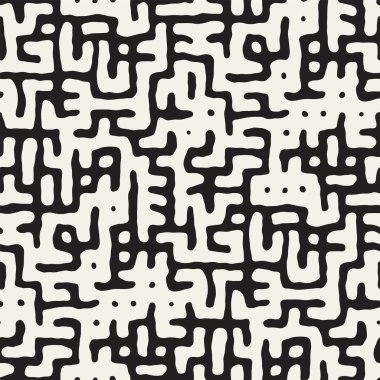 Vektör sorunsuz siyah ve beyaz düzensiz labirent desen yuvarlanır. Soyut el geometrik arka plan çekilmiş