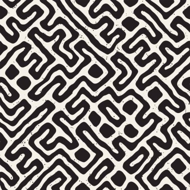 Vektör sorunsuz siyah ve beyaz düzensiz labirent desen yuvarlanır. Soyut el geometrik arka plan çekilmiş