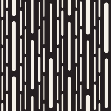 Siyah ve beyaz düzensiz kesik çizgiler desen yuvarlanır. Modern soyut vektör sorunsuz arka plan. Şık kaotik dikdörtgen çizgili Mosai