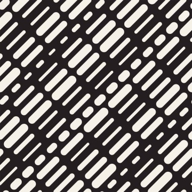 Siyah ve beyaz düzensiz kesik çizgiler desen yuvarlanır. Modern soyut vektör sorunsuz arka plan. Şık kaotik dikdörtgen çizgili Mosai