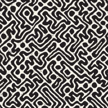 Vektör sorunsuz siyah ve beyaz düzensiz labirent desen yuvarlanır. Soyut el geometrik arka plan çekilmiş