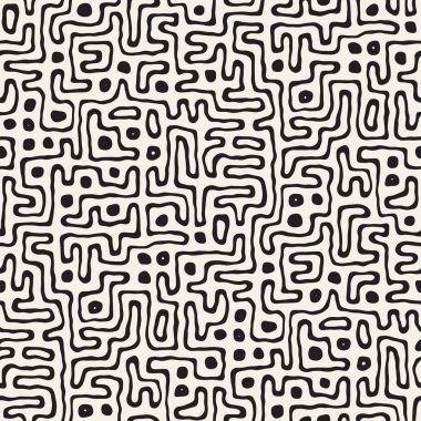 Vektör sorunsuz siyah ve beyaz düzensiz labirent desen yuvarlanır. Arka plan soyut el çekilmiş