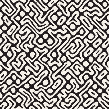 Vektör sorunsuz siyah ve beyaz düzensiz labirent desen yuvarlanır. Arka plan soyut el çekilmiş