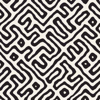 Vektör sorunsuz siyah ve beyaz düzensiz labirent desen yuvarlanır. Arka plan soyut el çekilmiş