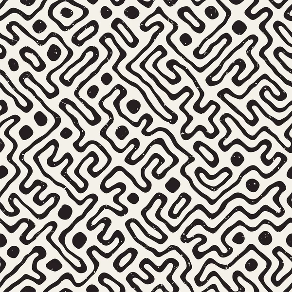 Vector Seamless Black White Rounded Irregular Maze Pattern Тезисы Ручное — стоковый вектор