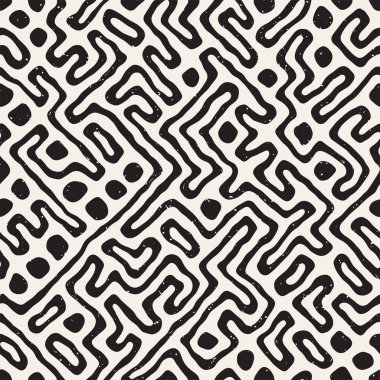 Vektör sorunsuz siyah ve beyaz düzensiz labirent desen yuvarlanır. Soyut el geometrik arka plan çekilmiş