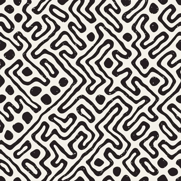 Vektör sorunsuz siyah ve beyaz düzensiz labirent desen yuvarlanır. Soyut el geometrik arka plan çekilmiş