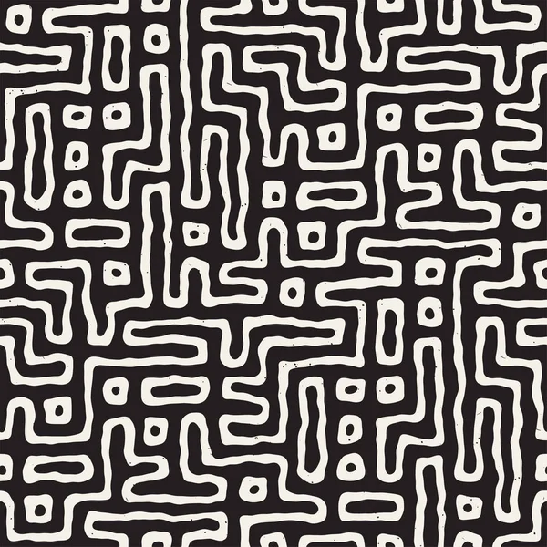 Vektör sorunsuz siyah ve beyaz düzensiz labirent desen yuvarlanır. Soyut el geometrik arka plan çekilmiş