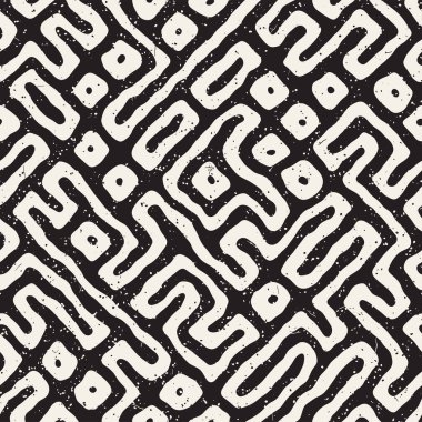 Vektör sorunsuz siyah ve beyaz düzensiz labirent desen yuvarlanır. Soyut el geometrik arka plan çekilmiş