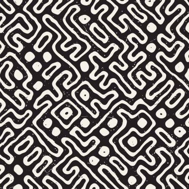 Vektör sorunsuz siyah ve beyaz düzensiz labirent desen yuvarlanır. Soyut el geometrik arka plan çekilmiş