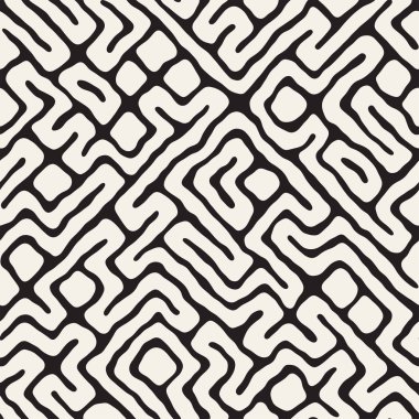 Vektör sorunsuz siyah ve beyaz düzensiz labirent desen yuvarlanır. Soyut el geometrik arka plan çekilmiş