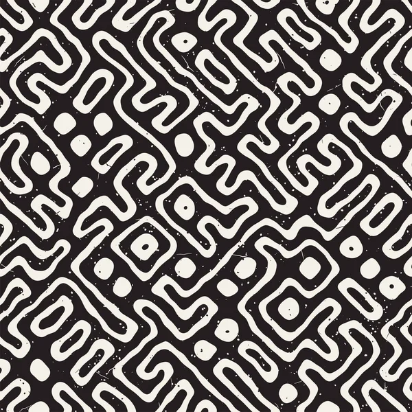 Vektör sorunsuz siyah ve beyaz düzensiz labirent desen yuvarlanır. Soyut el geometrik arka plan çekilmiş