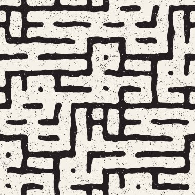 Vektör sorunsuz siyah ve beyaz düzensiz labirent desen yuvarlanır. Soyut el geometrik arka plan çekilmiş