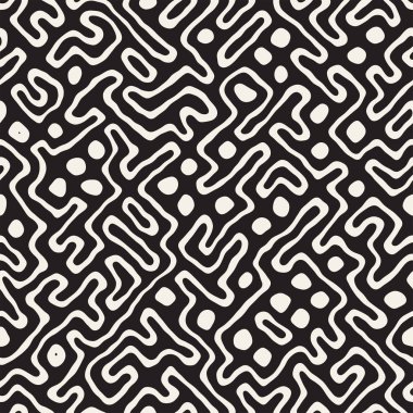 Vektör sorunsuz siyah ve beyaz düzensiz labirent desen yuvarlanır. Soyut el geometrik arka plan çekilmiş