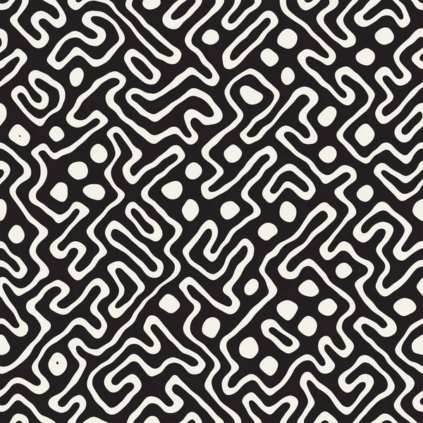 Vektör sorunsuz siyah ve beyaz düzensiz labirent desen yuvarlanır. Soyut el geometrik arka plan çekilmiş