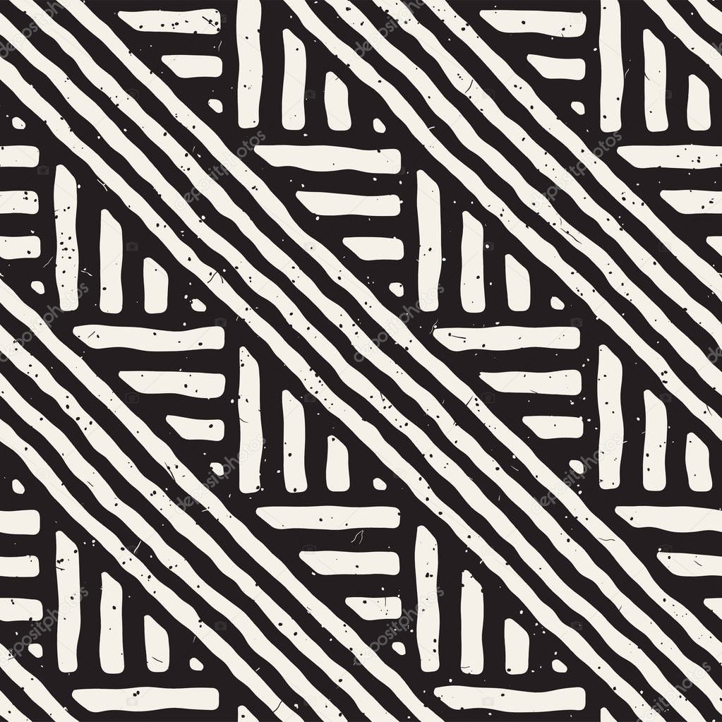 Hand drawn style ethnic seamless pattern. Abstract geometric lines tiling background in black and white.