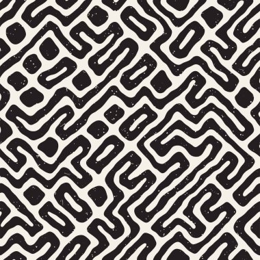 Vektör sorunsuz siyah ve beyaz düzensiz labirent desen yuvarlanır. Soyut el geometrik arka plan çekilmiş