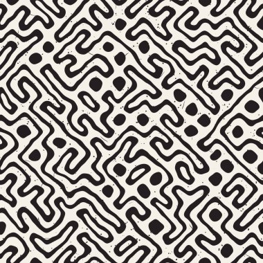 Vektör sorunsuz siyah ve beyaz düzensiz labirent desen yuvarlanır. Soyut el geometrik arka plan çekilmiş