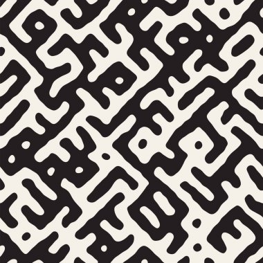 Vektör sorunsuz siyah ve beyaz düzensiz labirent desen yuvarlanır. Soyut el geometrik arka plan çekilmiş
