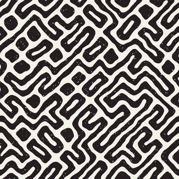 Vektör sorunsuz siyah ve beyaz düzensiz labirent desen yuvarlanır. Soyut el geometrik arka plan çekilmiş