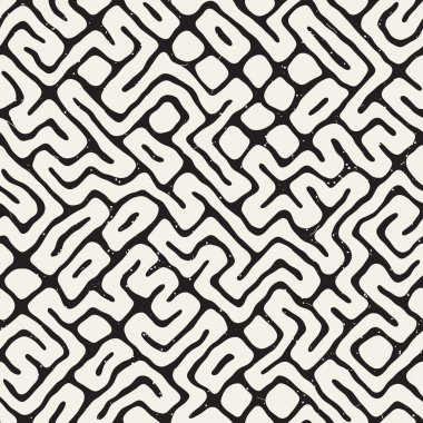 Vektör sorunsuz siyah ve beyaz düzensiz labirent desen yuvarlanır. Soyut el geometrik arka plan çekilmiş