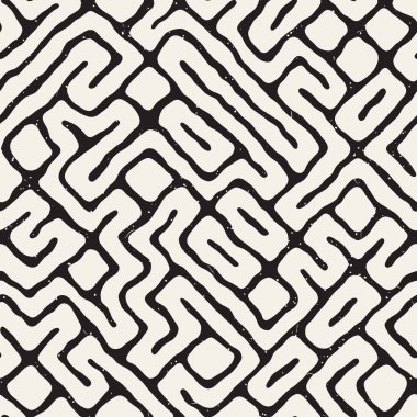 Vektör sorunsuz siyah ve beyaz düzensiz labirent desen yuvarlanır. Soyut el geometrik arka plan çekilmiş