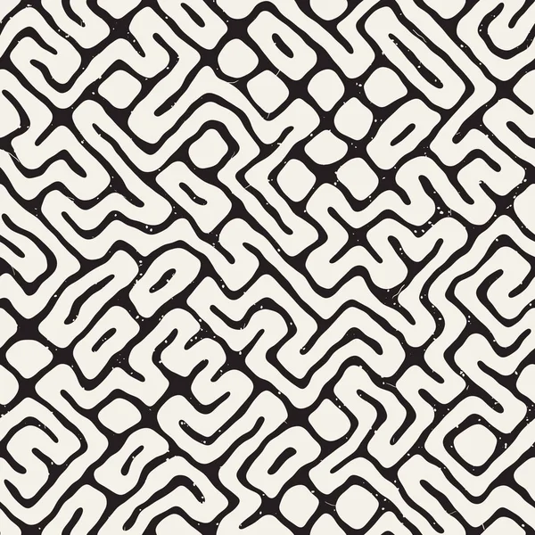 Vector Sem Costura Preto Branco Arredondado Padrão Labirinto Irregular Abstrato — Vetor de Stock
