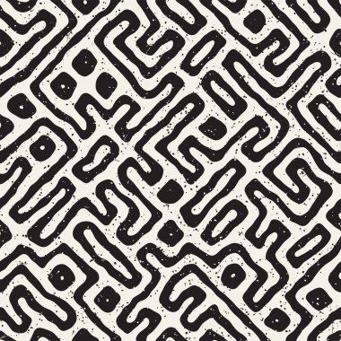Vektör sorunsuz siyah ve beyaz düzensiz labirent desen yuvarlanır. Soyut el geometrik arka plan çekilmiş