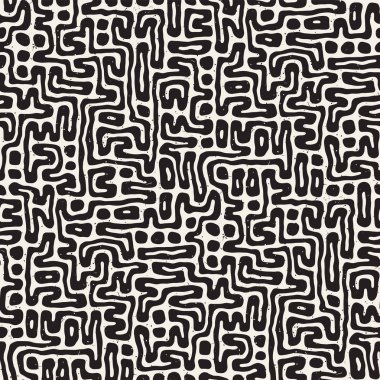 Vektör sorunsuz siyah ve beyaz düzensiz labirent desen yuvarlanır. Soyut el geometrik arka plan çekilmiş