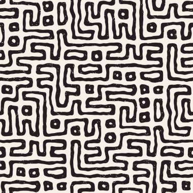 Vektör sorunsuz siyah ve beyaz düzensiz labirent desen yuvarlanır. Soyut el geometrik arka plan çekilmiş
