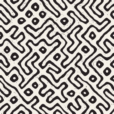 Vektör sorunsuz siyah ve beyaz düzensiz labirent desen yuvarlanır. Soyut el geometrik arka plan çekilmiş