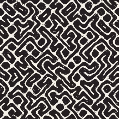 Vektör sorunsuz siyah ve beyaz düzensiz labirent desen yuvarlanır. Soyut el geometrik arka plan çekilmiş
