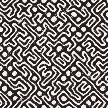 Vektör sorunsuz siyah ve beyaz düzensiz labirent desen yuvarlanır. Soyut el geometrik arka plan çekilmiş