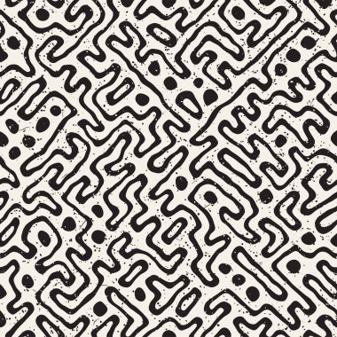 Vektör sorunsuz siyah ve beyaz düzensiz labirent desen yuvarlanır. Soyut el geometrik arka plan çekilmiş